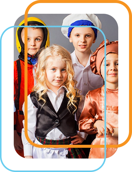 photo of kids in costumes for various careers (racecar driver, hospitality, baker, chef)