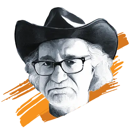 painted bust portrait of Fred Ode in a cowboy hat with orange paint streaks behind him