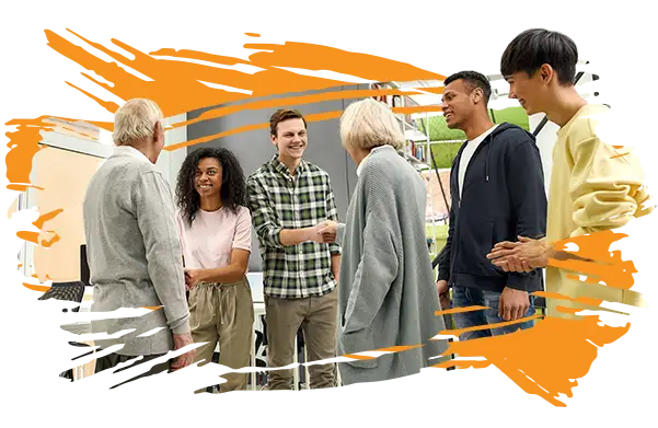 photo of a group of students shaking hands and talking with older professionals during a classroom visit (ERA Life Discovery curriculum - the Life Discovery Interview)