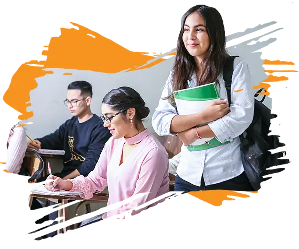 photo of a female student with a backpack holding a school book and smiling while her classmates work at their desks in the background (ERA Life Discovery curriculum - Emotional Intelligence & Self Discovery Assessments)