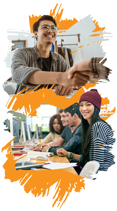 combination image of two photos of high school students: a male student shaking hands with someone off camera, and a girl in a striped shirt and beanie smiling at the camera in a computer lab while her classmates work behind her