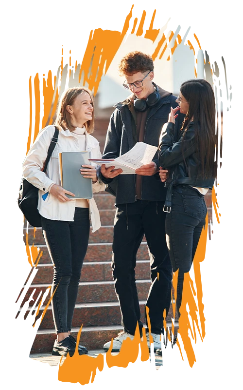 stylized photo of a group of students talking on a school campus