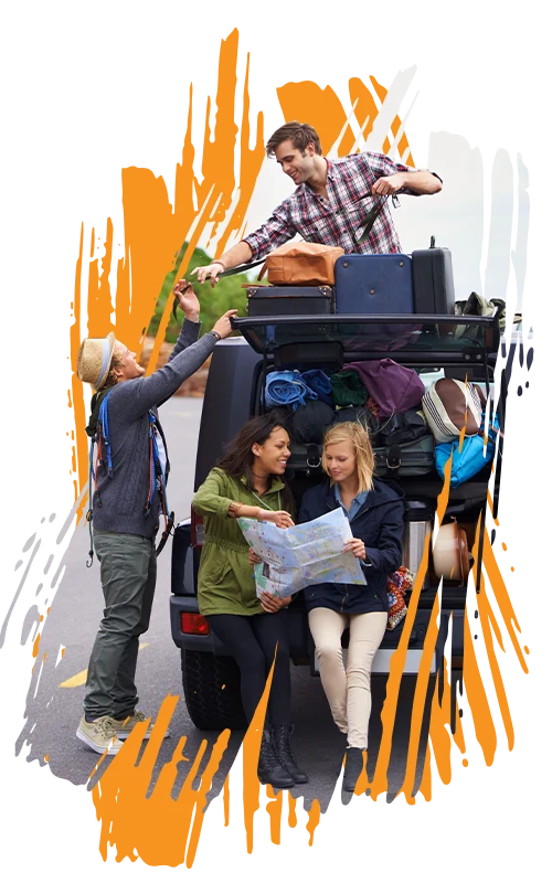 stylized photo of older students preparing for a road trip - two young women sit on the back bumped of a packed SUV, and two young men work together to tie up bags to the top (Education Revolution Association - Vision)