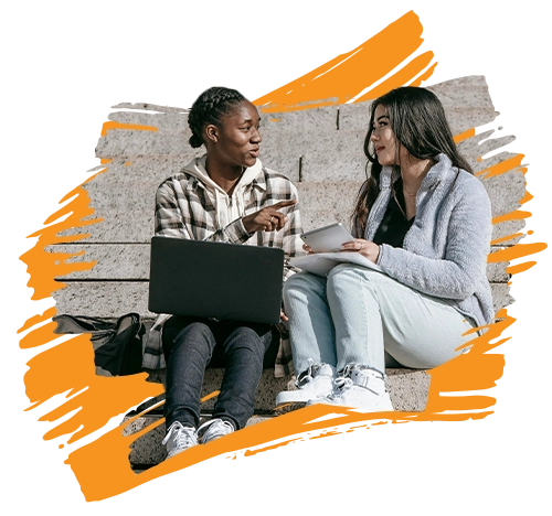 stylized photo of two young women sitting on stairs interviewing each other (featured image: ERA in the News)